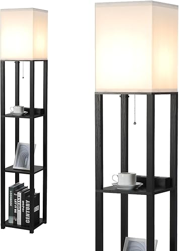 Lámpara de pie con estantes y USB, USB-C y tomas de corriente, lámpara de estante con estación de carga, lámparas cuadradas modernas para sala de