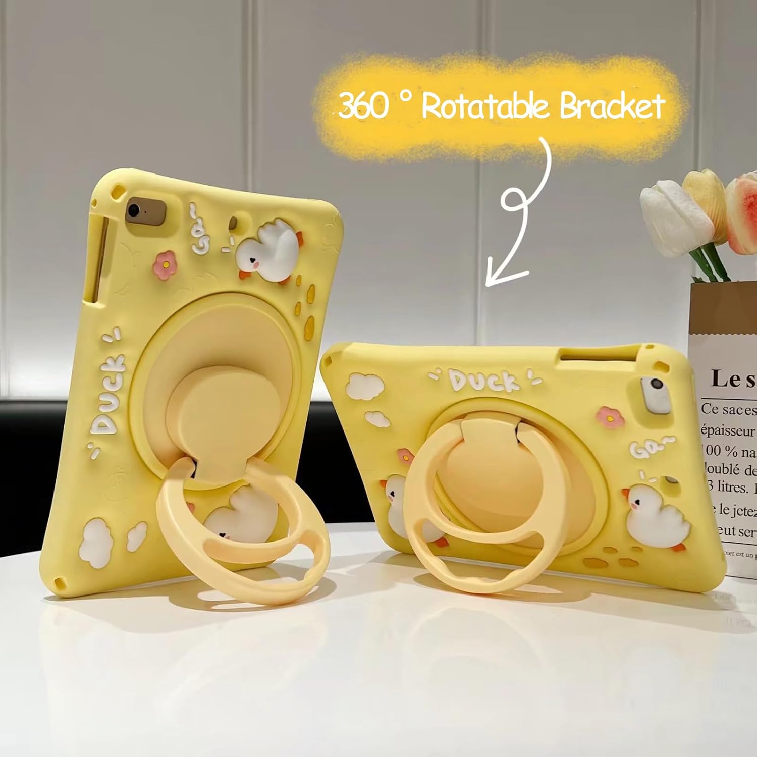 3D Cute Press Duck Case for Samsung Galaxy Tab A 10.1 inch 2019 SM-T510/T515(Not for Other 10.1 inch Tablet),Kawaii Cartoon Duck Soft Silicone Rotating Stand Case with Lanyard for Kids Teens Girls