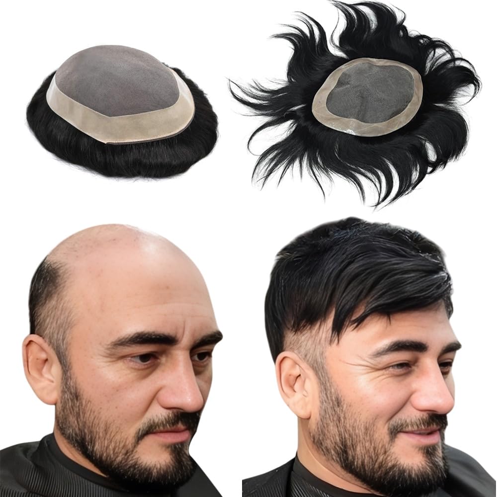 D-DIVINE Natural Human hair Patch FINE Regular Base with Half PU Strip for Get Feel Real Skin 100% Human Hair Men Wig Hair Replacement System Real Hair (9X7)-image-26
