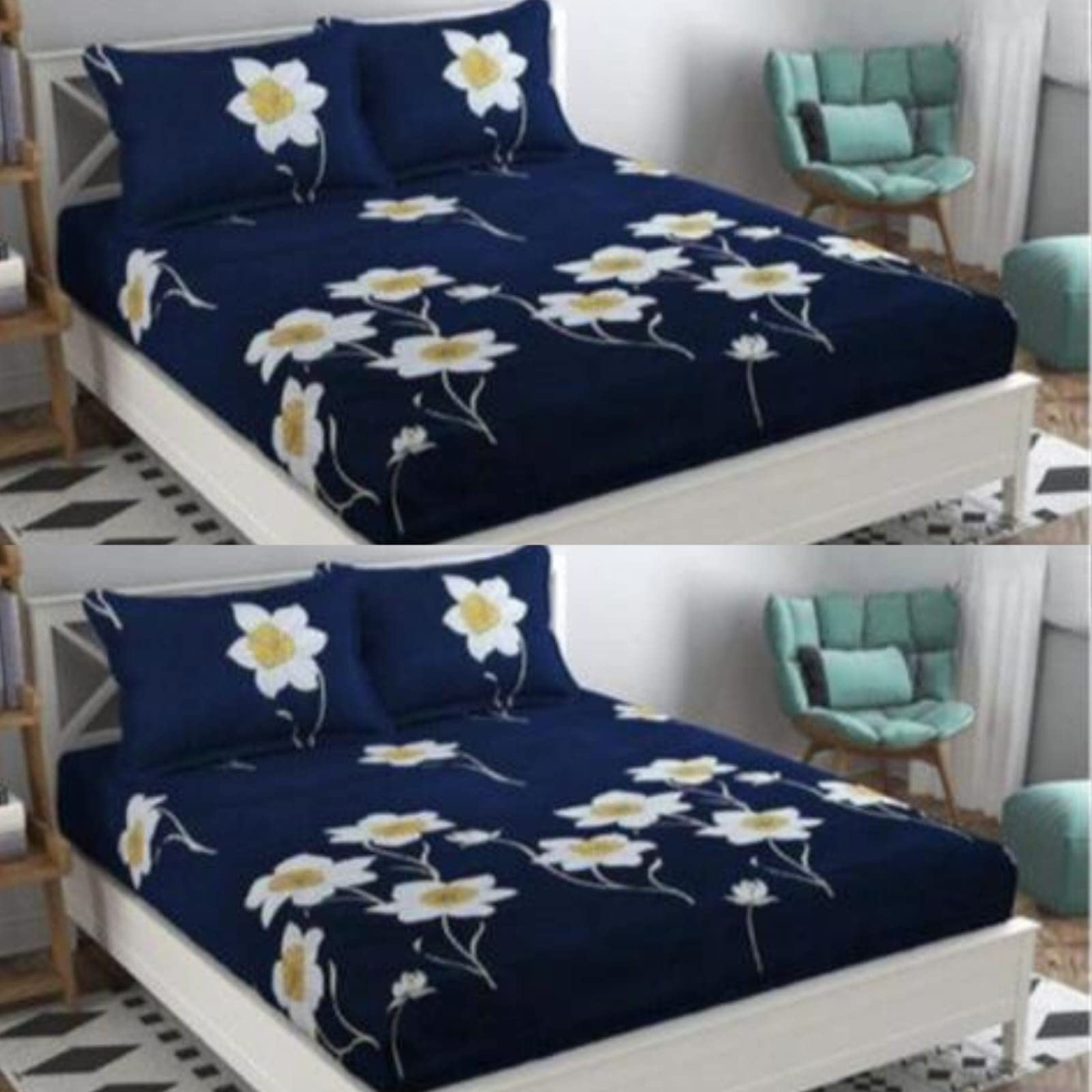Soniasaa Prime Collection Combo Pack of 2 Double Bedsheet with Free 4 Pillow Covers | 200 TC Soft Cotton-Blend 228X228 Cm Combo Double Bedsheet for Double Bed Color-Blue Sunflower (B0C42T82M3) Amazon Price History, Amazon Price Tracker