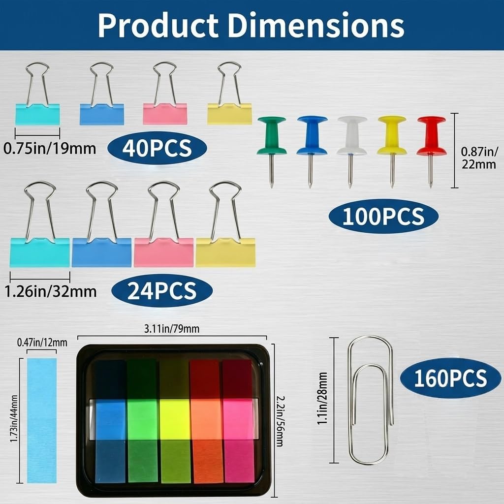 64PCS Colored Binder Clips + 160PCS Paper Clips + 100PCS Push Pins + 5 Sticky Index Tabs, Office Supplies Kit for School Home Desk Organization Document Filing Set image 2