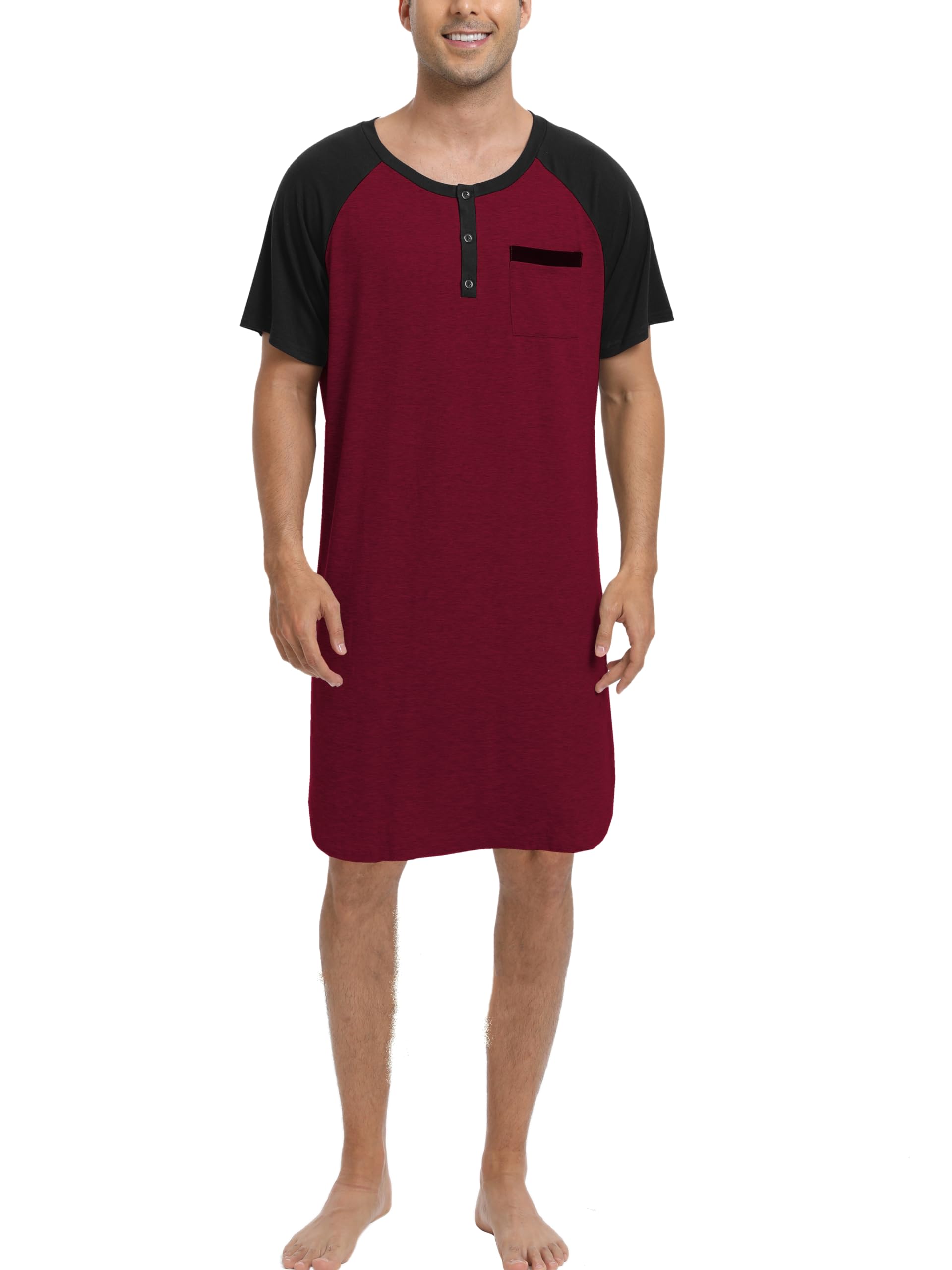 Enjoyoself Herren Nachthemd Kurzarm Baumwolle Langes Schlafshirt Leicht Luftig Pyjamaoberteil Nachtwäsche für Krankenhaus Spa