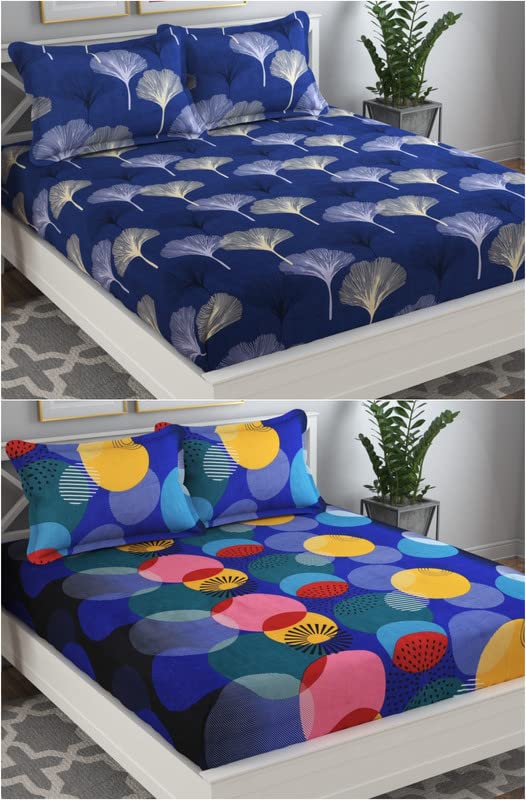 VAS COLLECTIONS Prime Collection Combo Pack Of 2 Double Bedsheet With 4 Pillow Covers | 160 TC Soft Brushed Glace Cotton -Long Lasting & Wrinkle Free - | 225X228 Cm Or 7.5X7.5 Ft-Multicolors