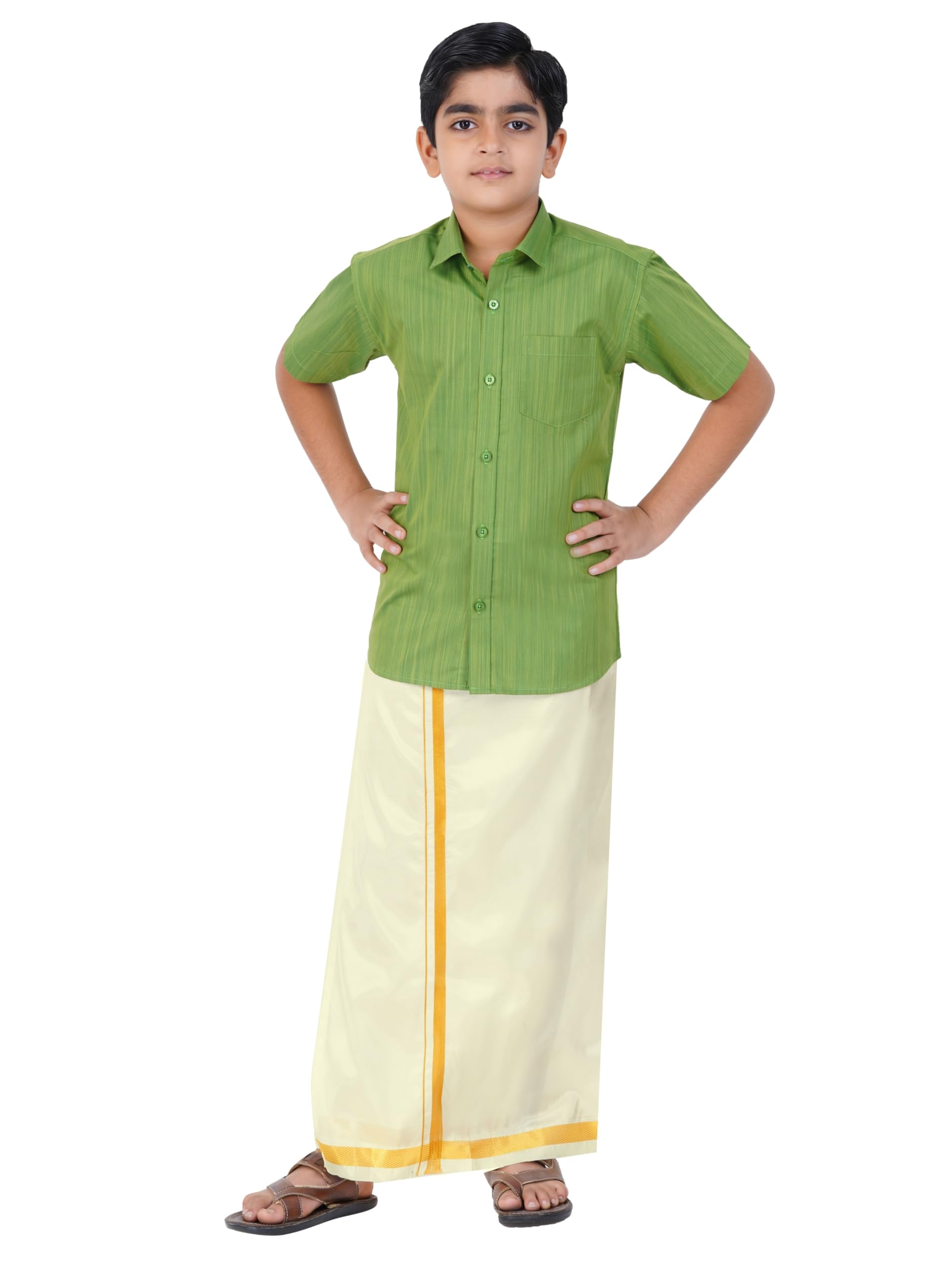 Boys Cotton Half Sleeve Self Design Shirt With Stitched Art Silk Dhoti For Boys (Madriyad-Green)