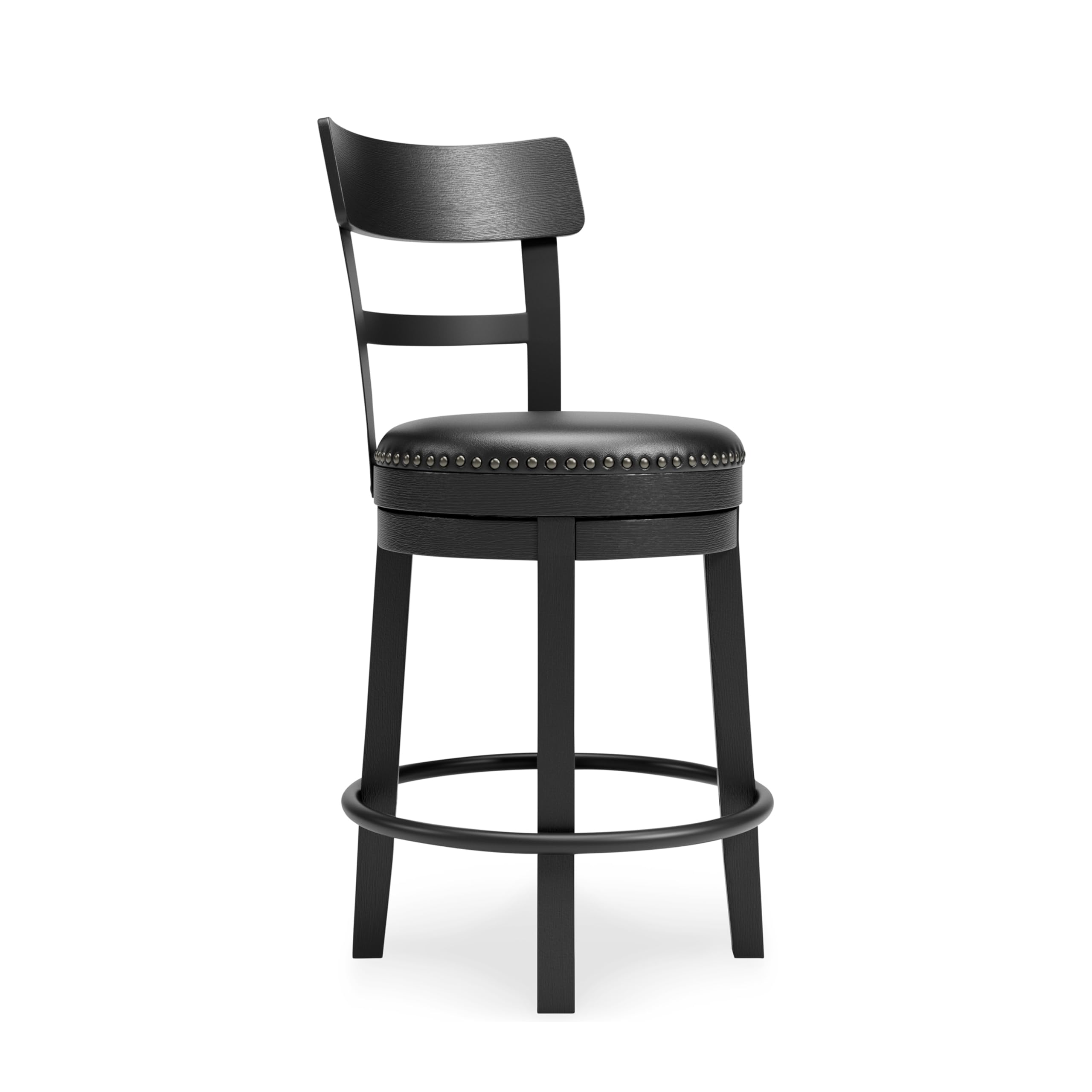 Signature Design by Ashley Valebeck Tall Upholstered Swivel Bar Stool with 360-Degree Swivel and Nailhead Trim, Faux Leather, 30" Seat Height, Black Finish