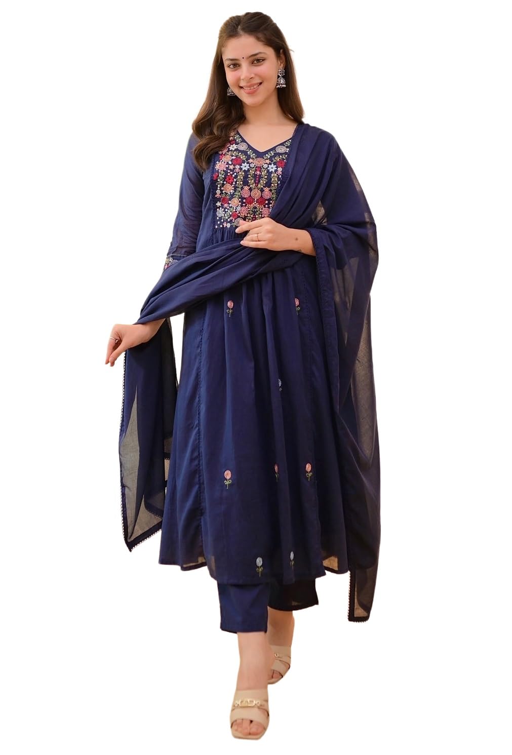 klosia Women Embroidery Solid Anarkali Kurta and Pant Set with Dupatta-picture-49