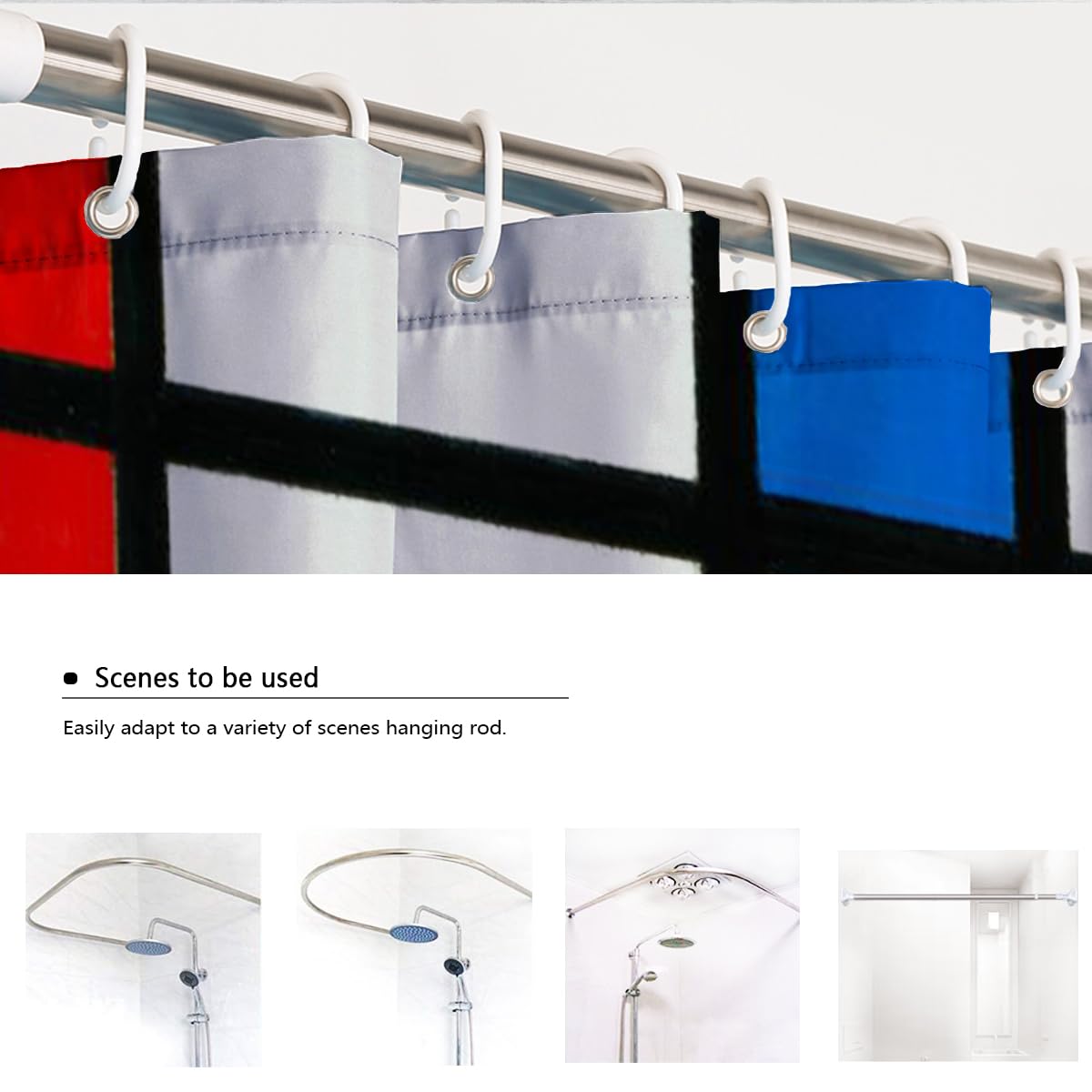 Rideau de Douche à Grille Noire Minimaliste Rideau de Bain Abstrait géométrique Blanc en Tissu Polyester Rouge Jaune Bleu Bloc de Salle de Bain 200 x 220 cm