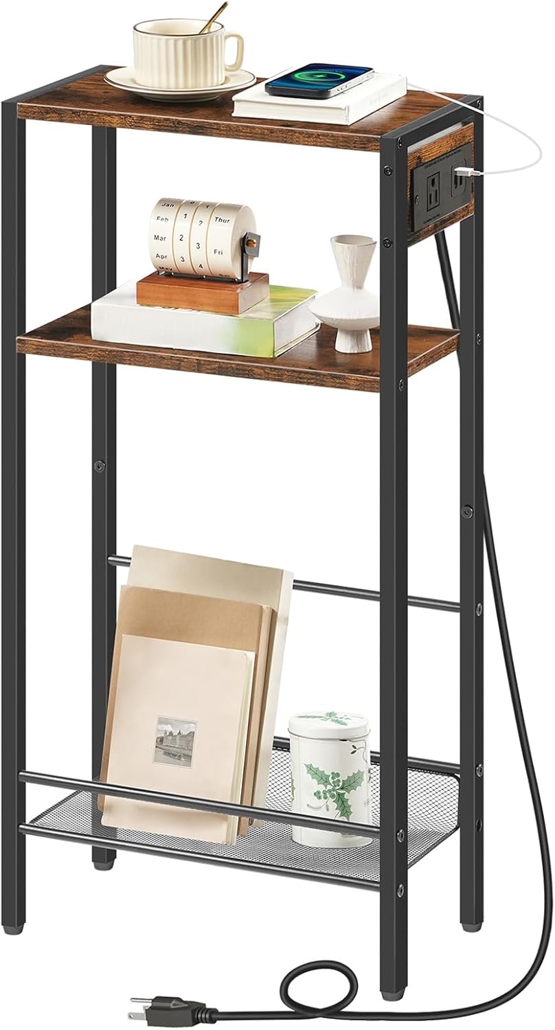 HOOBRO 15.7" Narrow Console Table with Charging Station, 3 Tier Entryway Table for Small Space, Behind Couch Table, Sofa Table, for Entryway, Hallway, Living Room, Rustic Brown and Black BF42UXG01