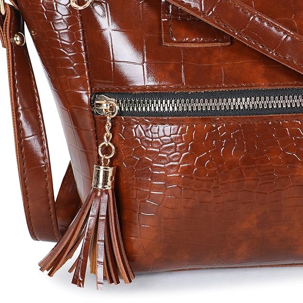 Image of Croco Pattern Premium Synthetic Leather Handbag For Women Top Handle Shoulder Bag Adjustable & Detachable Sling Strap Stylish Handbag For Ladies (Tan) (Tan)