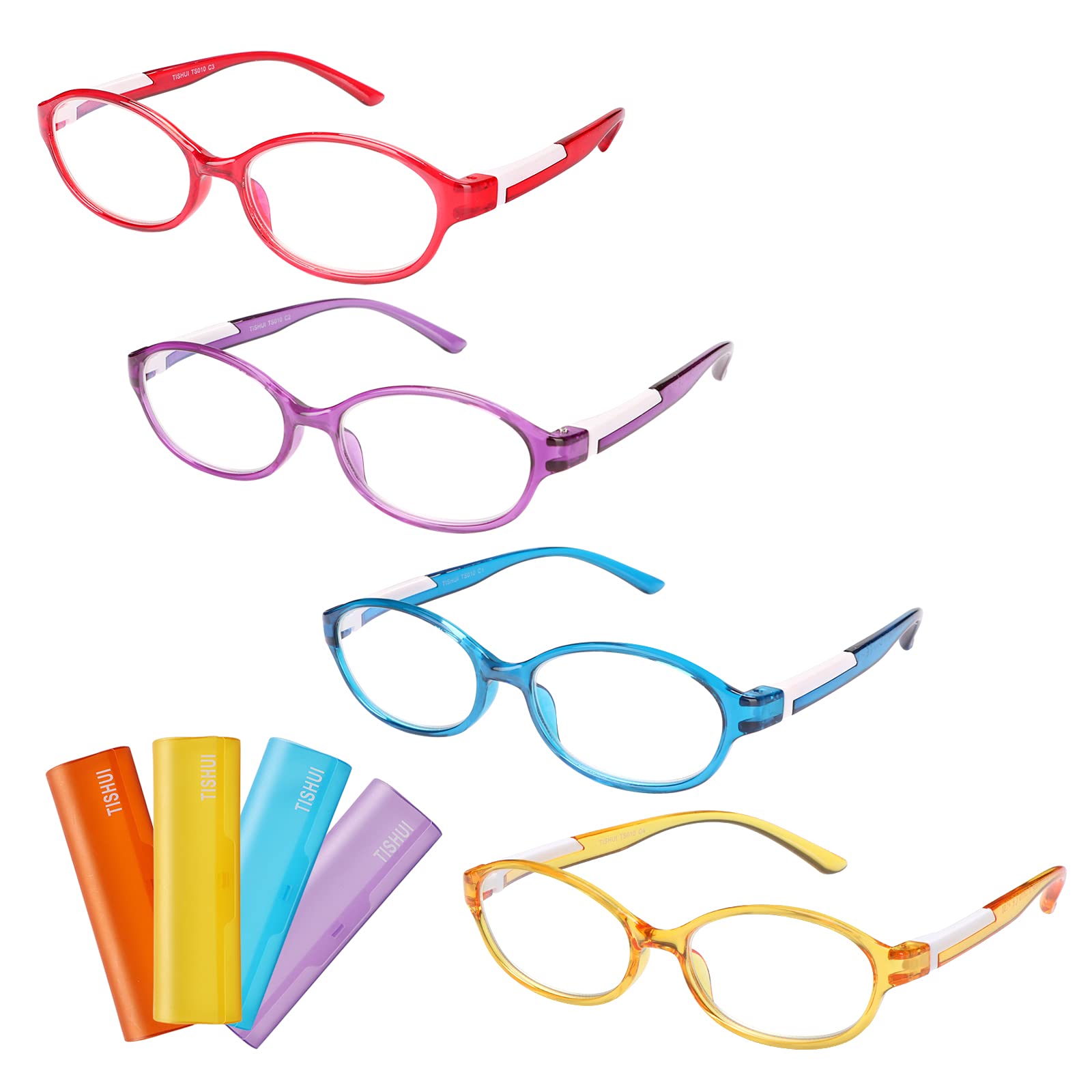 TISHUI Pack de 4 Gafas de Lectura Gafas para Presbicia Hombres Mujeres,Oval femenino redondo con protector de color
