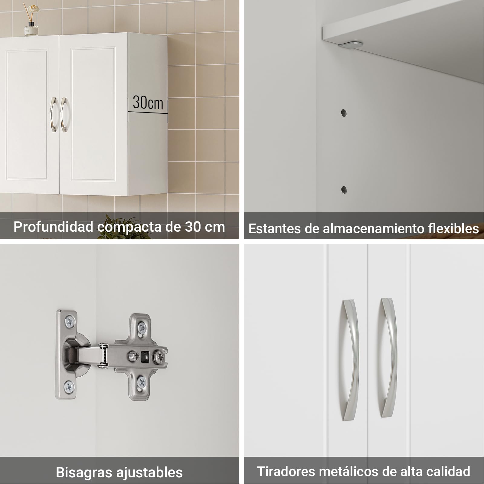 SoBuy Mueble Cocina Pared - Armario de Cocina con 2 Puertas Blanco Armario Pared Salvaspazio de Madera 60x30x60 cm con Estante Ajustable Despensero Moderno FRG231-W