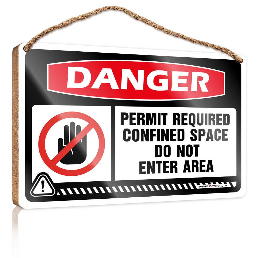 Outdoor Hanging Sign Danger Permit Required Confined Space Do Not Enter Area Wooden Sign Pool Decor Funny Home Sign(20X30CM)