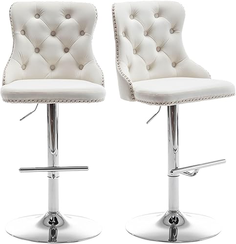 Miniatura 12 de Juego de 2 taburetes de bar giratorios de altura de mostrador con borde de botón y cabezas de clavos, sillas de bar de terciopelo dorado para isla