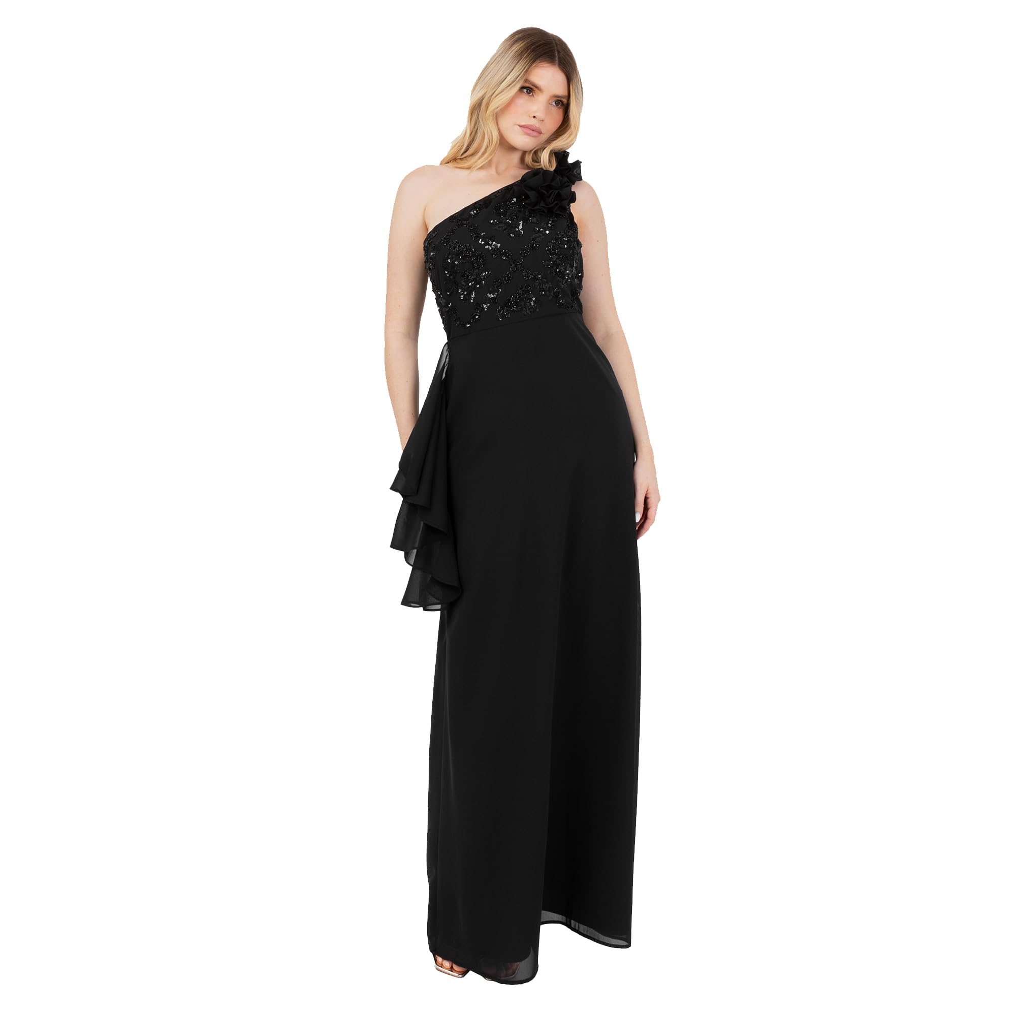 Maya Deluxe Women's Maxi Dress Ladies One Shoulder Necklline Sleeveless Sequin Embellished Rosette A-Line Evening Prom Ball Gown Vestito Donna