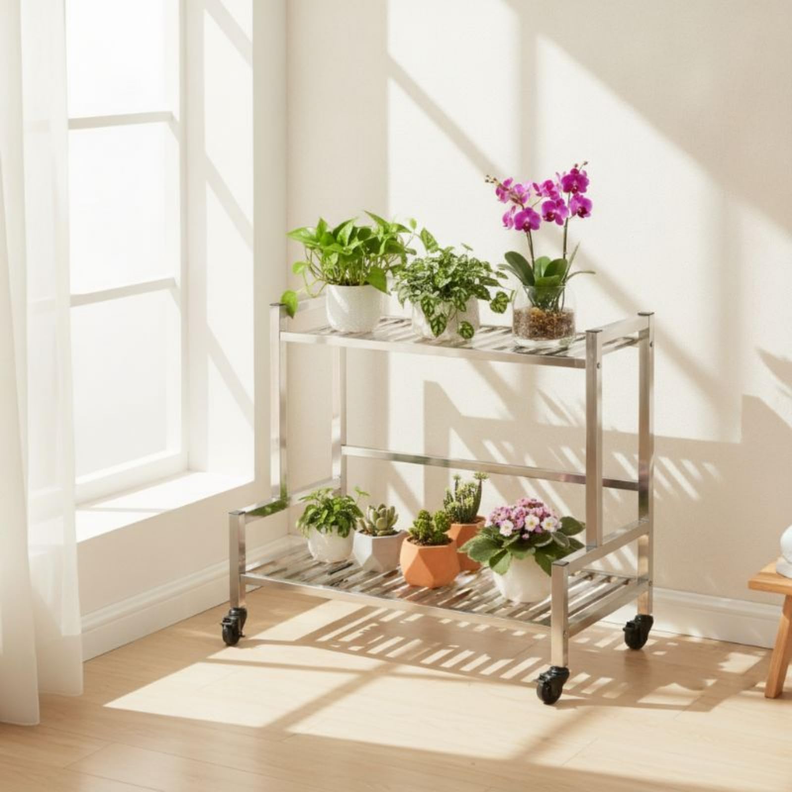 1 Porta Piante in Acciaio Inox Portavasi Scaffale Fioriera con Ruote a Doppio Ripiano Struttura Robusta Portata Elevata Uso Interno Esterno Adatto a , Lungo 100cm , Due Strati Con Ruote