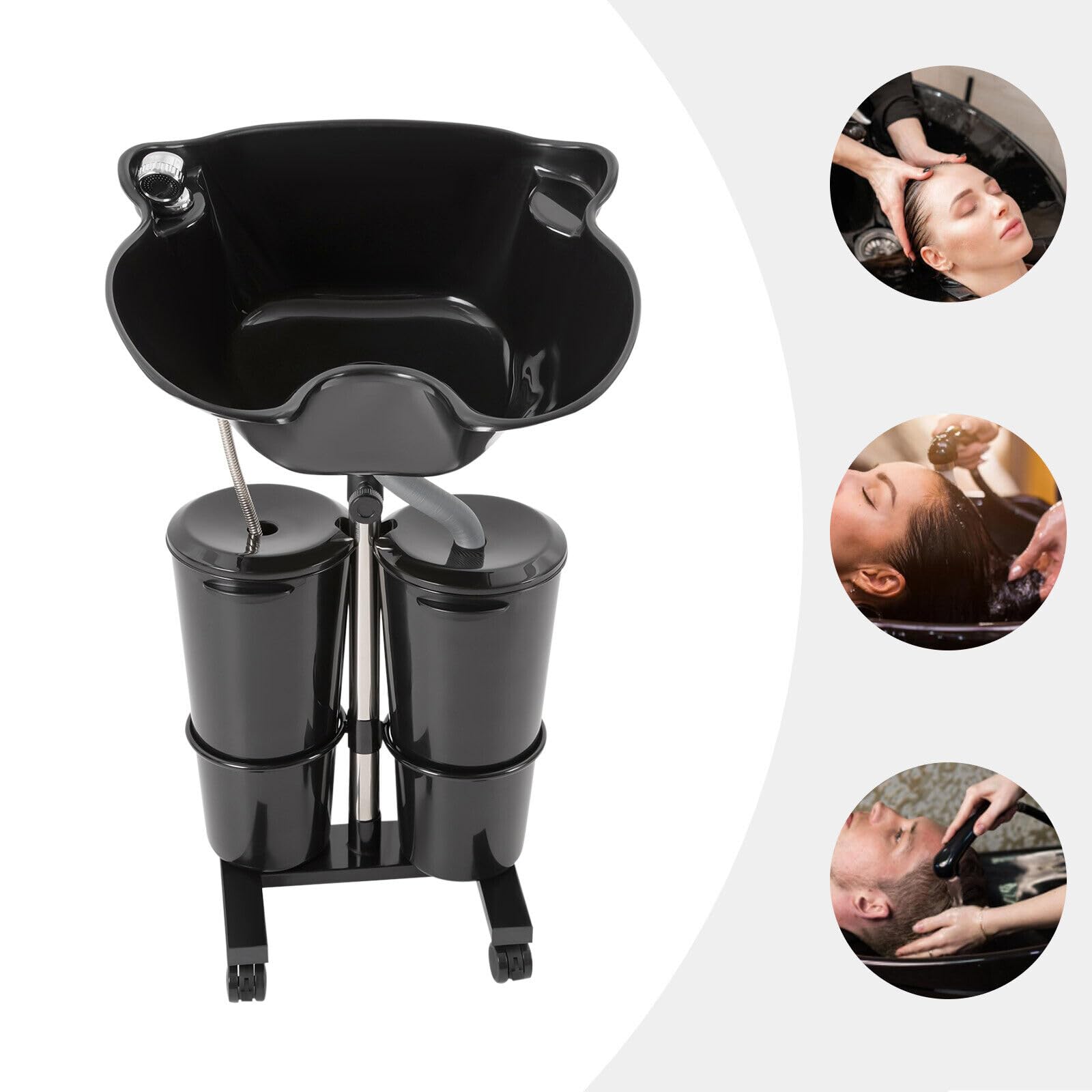Mobil Waschplatz Haarwaschbecken mit Pump, Friseur-Waschbecken Rückwärtswaschbecken, Höhenverstellbar Kopfwaschbecken Schwarz Kopfwaschbecken für Friseure Outdoor Schönheitssalons