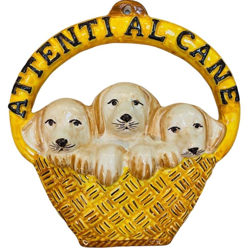 Cintre en Fine céramique Sicilienne Panier Panier avec des Chiots et Les Mots Attention AU Chien - Hauteur 29 cm
