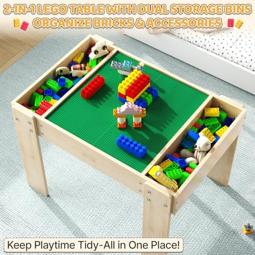 Image of Building Blocks Table with Storage for Kids, Wooden Table Fits Lego Bricks for Toddlers Ages 3+, Kids Activity Play Desk with 2 Chairs, 31.29''X 22.44''X 19.69''