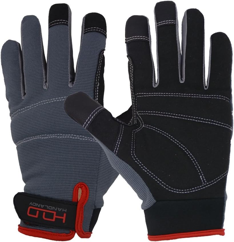 HANDLANDY Mens Work Gloves Touch Screen, Synthetic Leather Utility Gloves Large Black Grey
