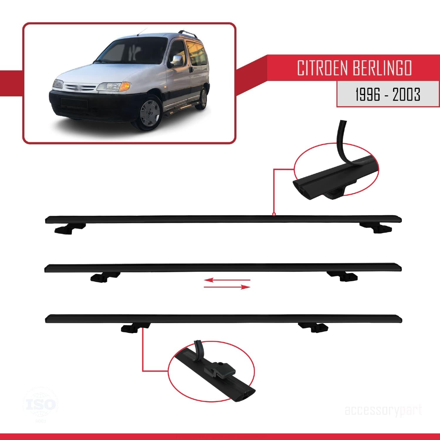 Kompatybilny z Compatible with Citroen Berlingo (M49) 1996-2003 BASIC Model Aluminiowy bagażnik dachowy 4 poprzeczki, czarne