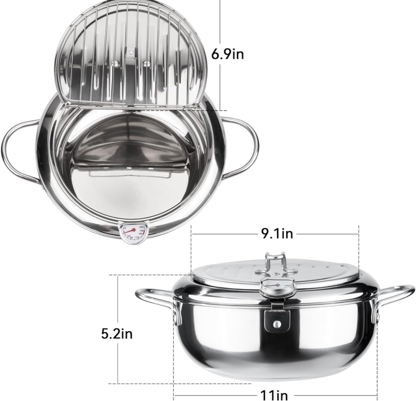 Stainless Steel Deep Fryer with Lid, 11 Inch/4.2 L, Non-Stick, Drip Oil Filter Rack, Deep Fried Chicken, French Fries, Tempura, etc.