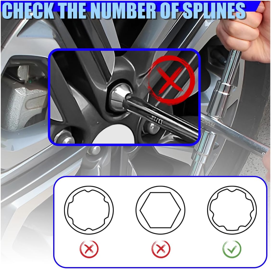 7 Spline Tuner Lug Nut Key, Automotive Wheel Lock Removal for 7 Spline Lugs Nuts, Aftermarket Lug Nut Socket Key Replacement for 19 mm(3/4 Inch)&21 mm(13/16 Inch) Hex Socket Wrench (7)
