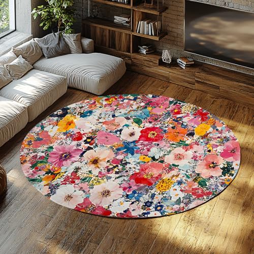 Tapis ronds lavables style boho fleurs sauvages pour entrée cosy