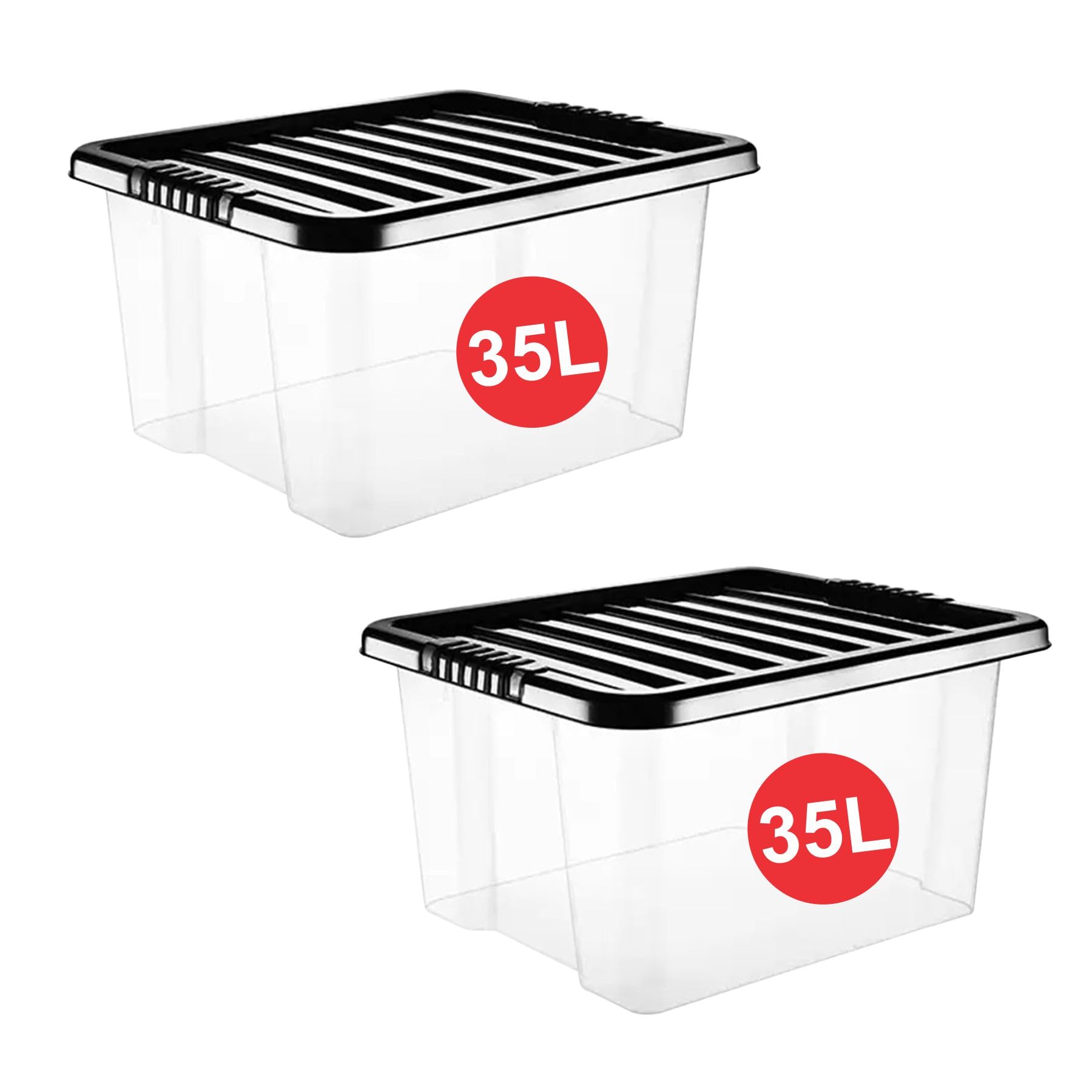 Relianceuk Clear 35L Large Plastic Storage Boxes With Lids (35 Litre / 2 Pack) Stackable Box With Black Lids, Multipurpose Containers For Home, Office, Kitchen And Garage