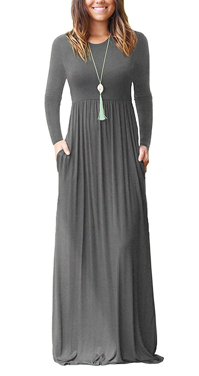 Auselily Women's Gray Casual Long Sleeve Maxi Dress Loose Long Dresses With Pockets Xl
