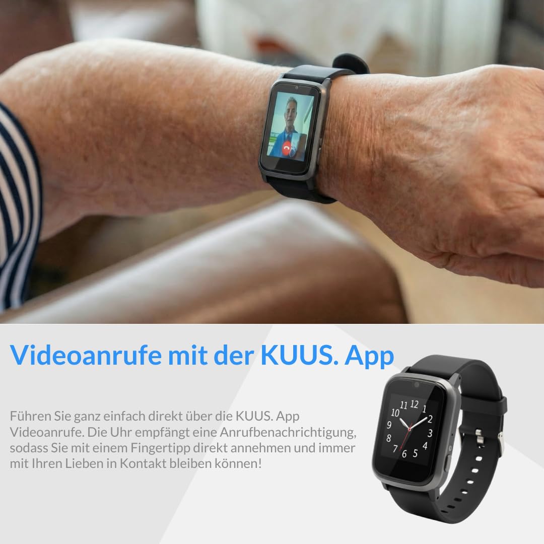 KUUS. S5 Notruf Uhr mit Sturzerkennung - Notrufknopf für Senioren - GPS Tracker Senioren mit Ortung. Senioren Smartwatch mit SIM Karte ohne Handy - Demenz Uhr Hilfsmittel Notfallarmband Erwachsene