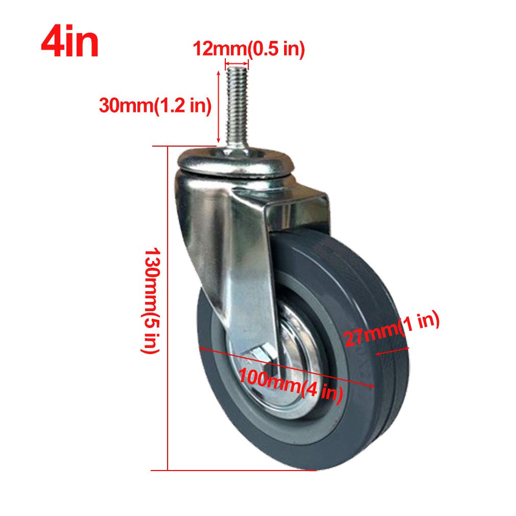 Kółka obrotowe z hamulcem gumowym, Zestaw 4 kółek samonastawnych z gwintowanym trzpieniem M12 i 3-calowym oraz 4-calowym hamulcem blokującym(Swivel+brake,4in-M12)