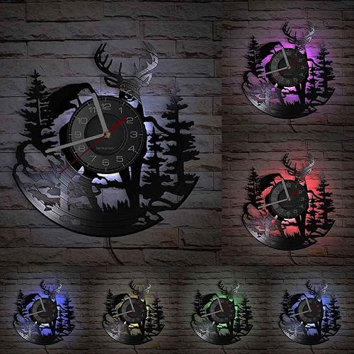 Miniatura 5 de Reloj de pared de disco de vinilo de caza de ciervos con 7 luces LED que cambian de color, reloj silencioso, naturaleza, vida silvestre, paisaje,
