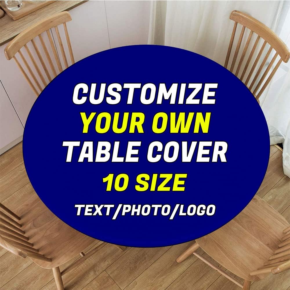 Custom Round Fitted Tablecloth with Elastic Edged & Flannel Backing, Add Photo Text Waterproof Table Cover for Indoor Outdoor Patio Use, Deep Pink Fit for Diameter 38.2"-42.1" Table