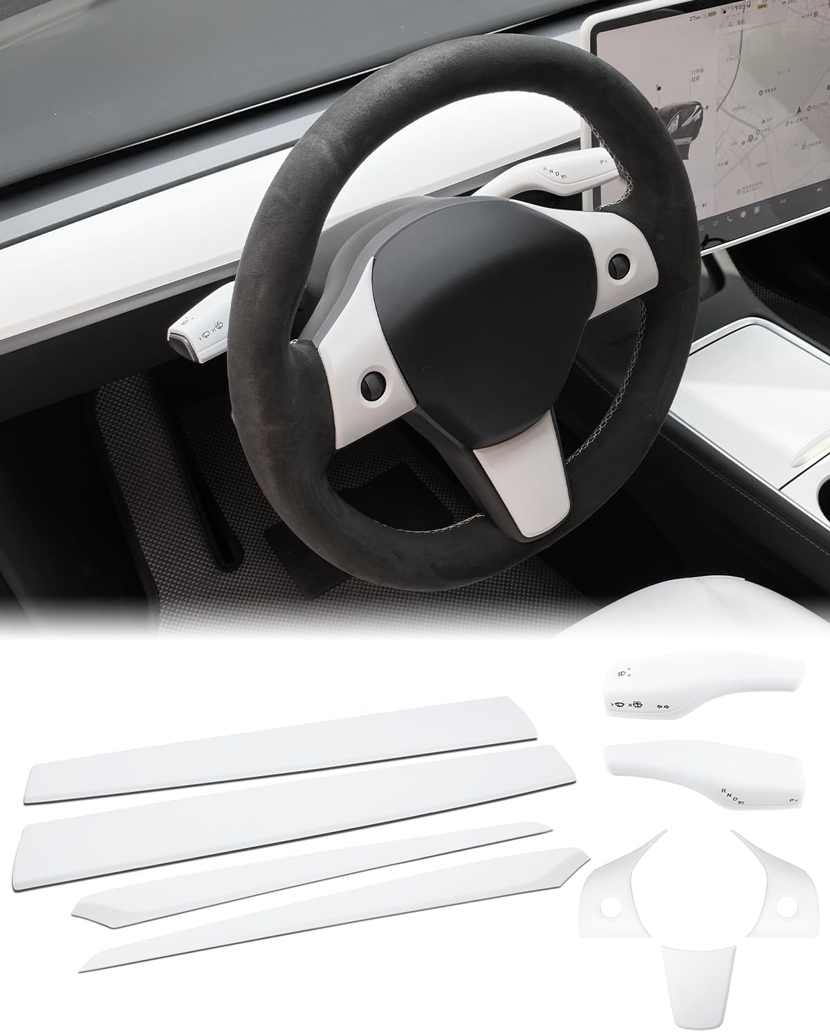 KKTR-CAR 9pcs Dashboard Cover Wrap and Front Door Inner Armrest Panel Cover,Steering Lever Cover and Steering Wheel Cover Compatible with Tesla Model 3 2017-2023 Model y 2019-2025 matte white