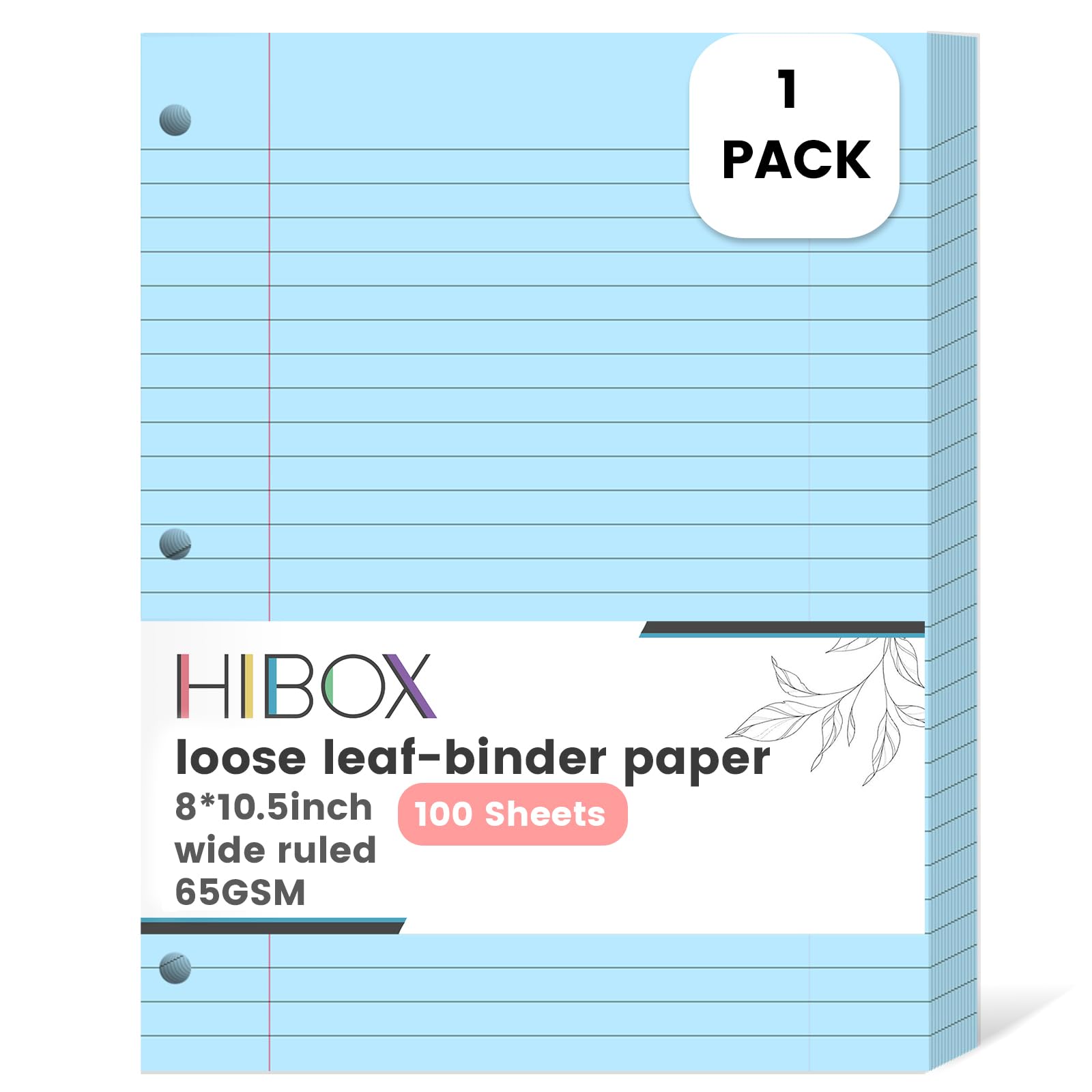 HIBOX Loose Leaf Paper Wide Ruled Notebook Paper, 100 Sheets 8"x10.5" Filler Papers Blue, 3-Hole Punched Binder for Back to School & College Supplies, Fights Ink Bleed, Office Planners