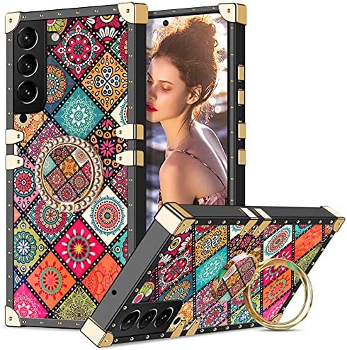 Coolden for Samsung S21 FE Case with Ring Kickstand Shockproof Square Case for Women Girls Metal Decoration Corner Soft TPU Protective Case Cover for Samsung Galaxy S21 FE Phone Case (Sun Flower)