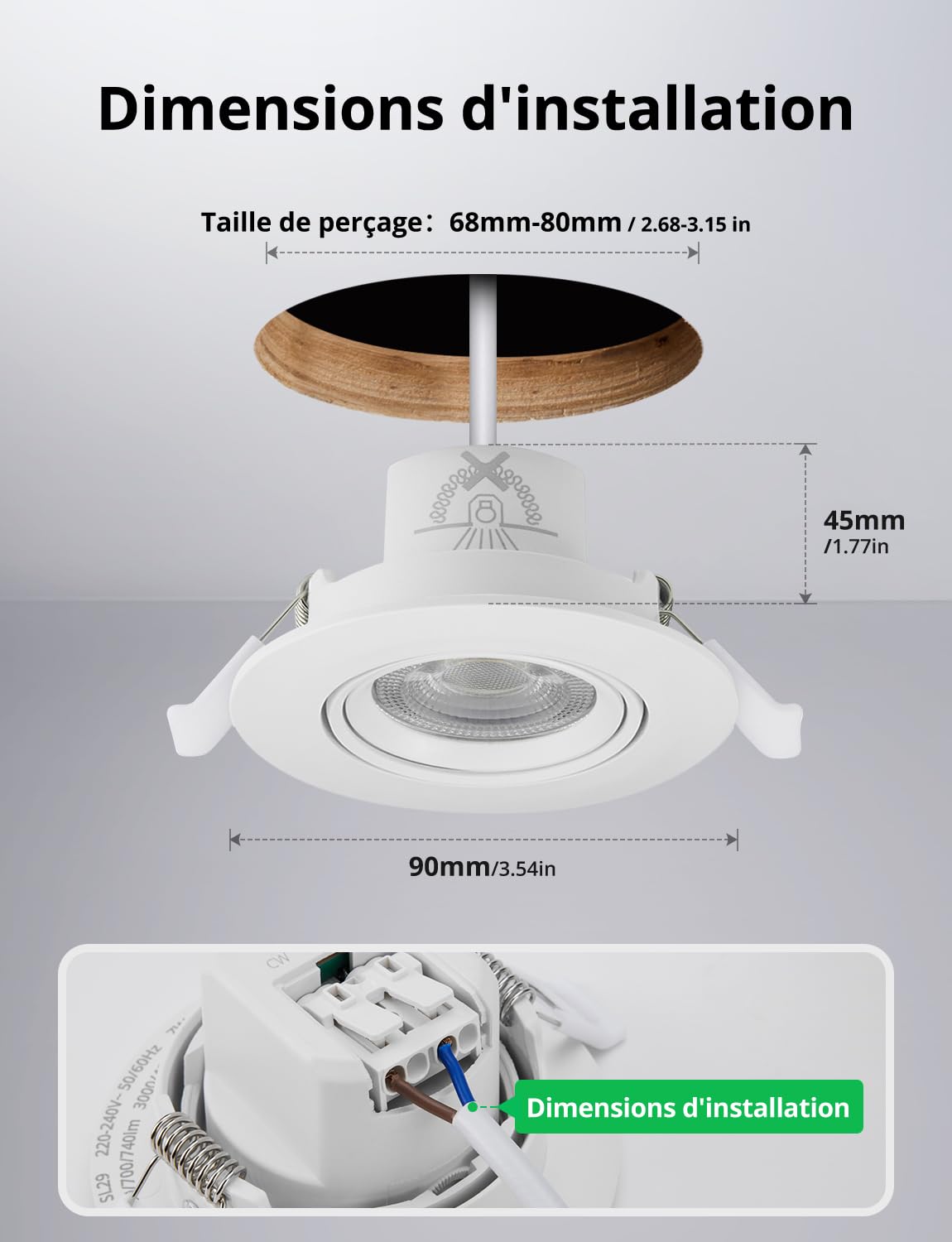 Bojim Spot LED Encastrable IP65 7W 700 lumens Trou 68-80mm pour Plafond Salle de Bain Lot de 20