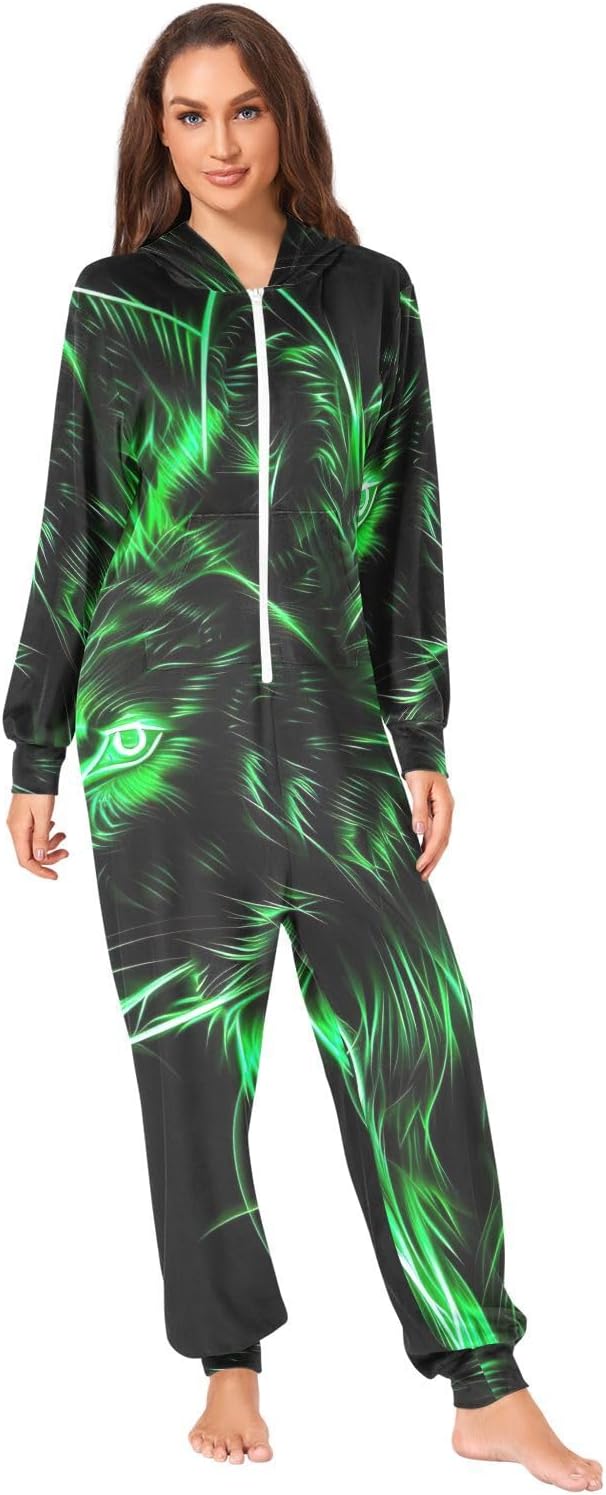 GAIREG Green Neon Wolf Mens Womens Hooded One-Piece Pajamas, Zipper Adult Christmas Pajamas