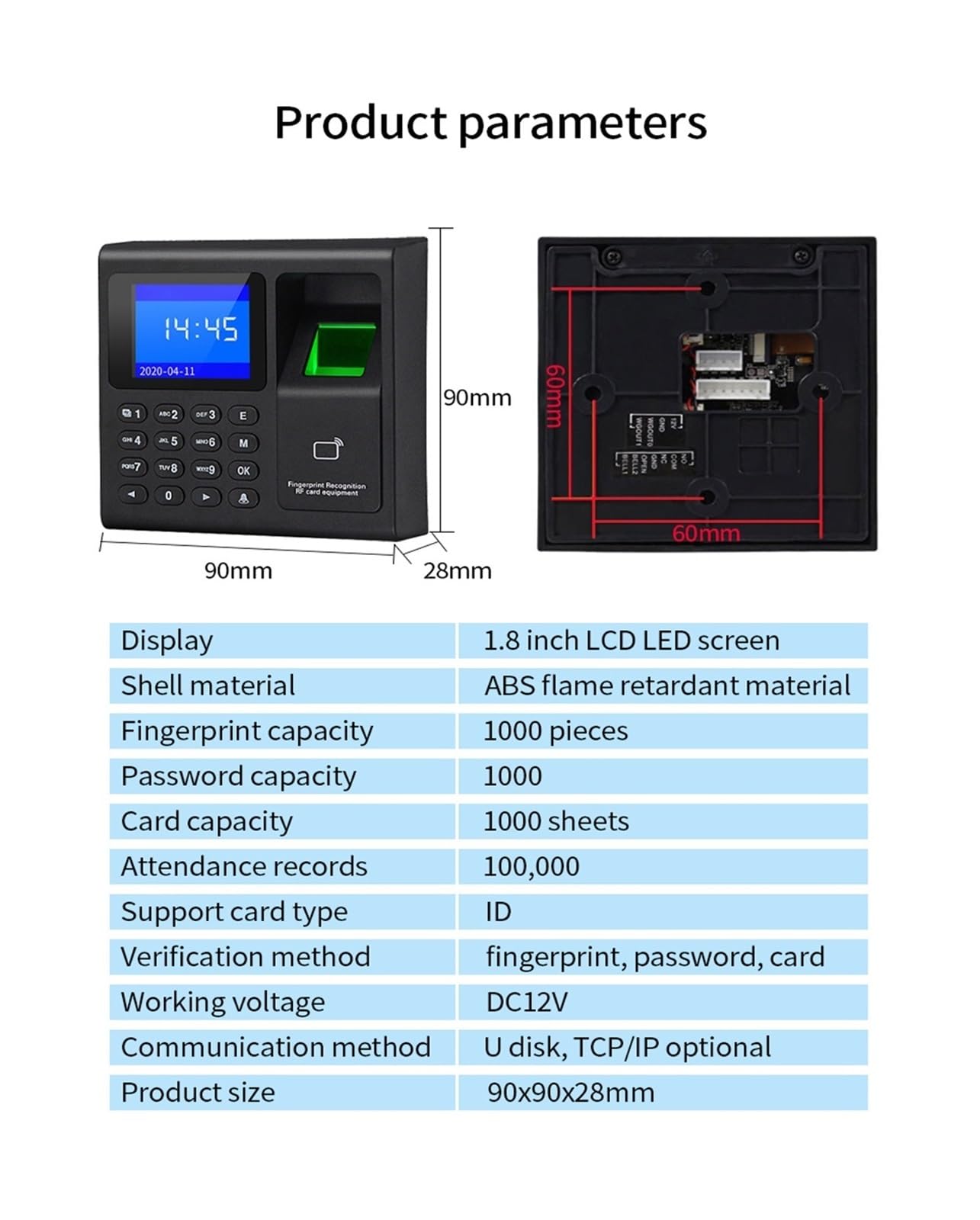 Orologio marcatempo, di controllo accessi RFID con scanner biometrico for impronte digitali, 1000 utenti, registratore presenze USB for ufficio fabbrica