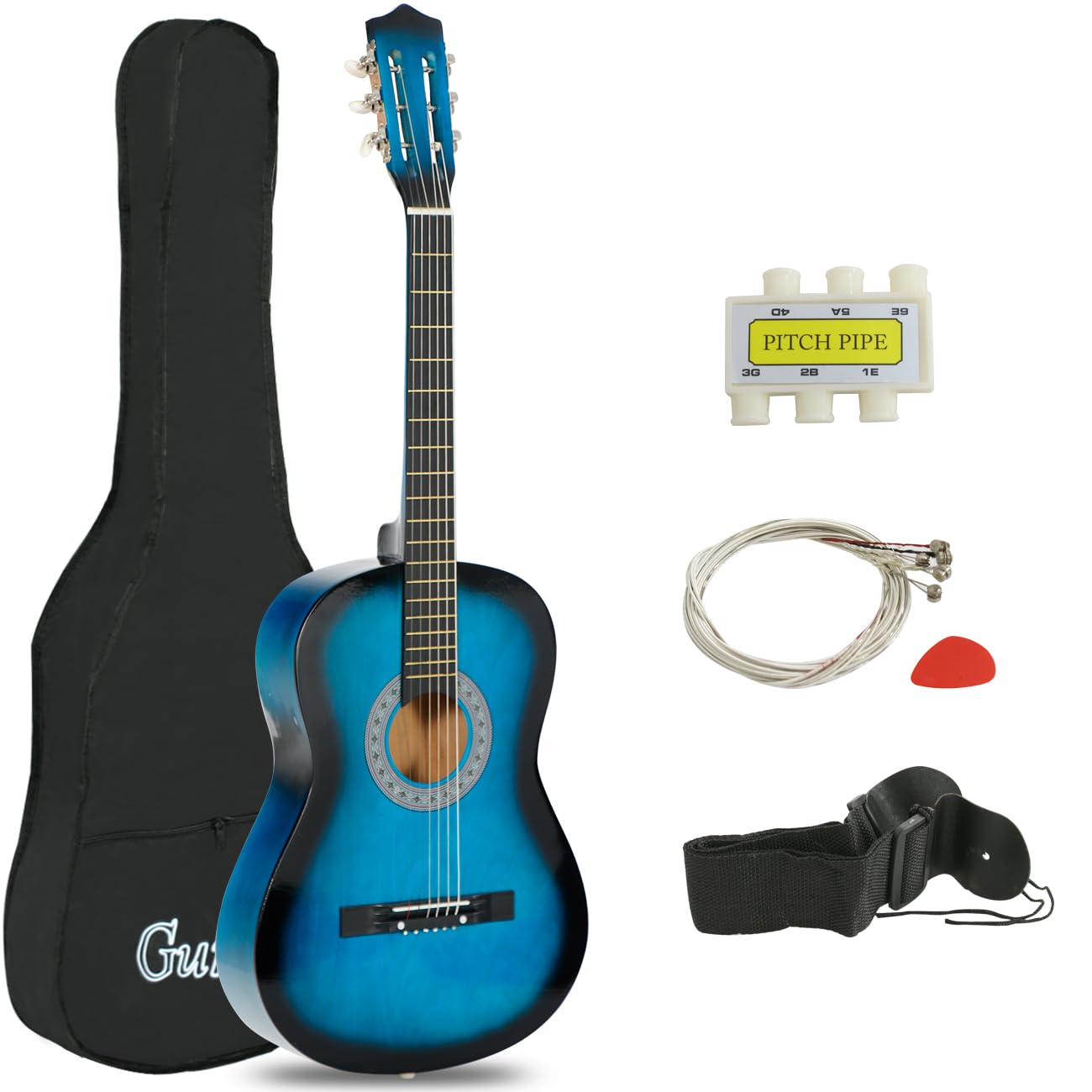 JupiterForce 38 Inch Beginner Acoustic Guitar, 6-String Guitar Starter Kit for Starters with Gig Bag, Strings, Strap, Pitch Pipe and Pick, Blue