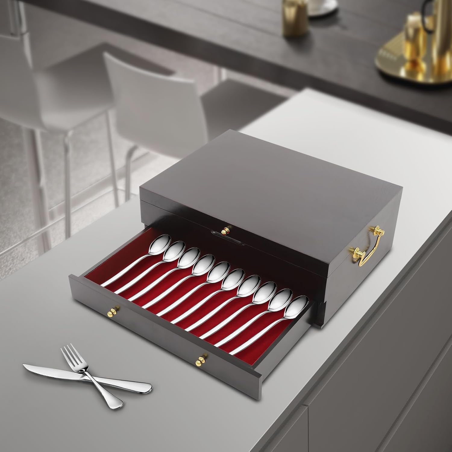 JOMCYDM Wooden Silverware Storage Box 2 Layers Silverware Chest Case with Drawer with Handle Lid Flatware Organizer for Kitchen Dining Room