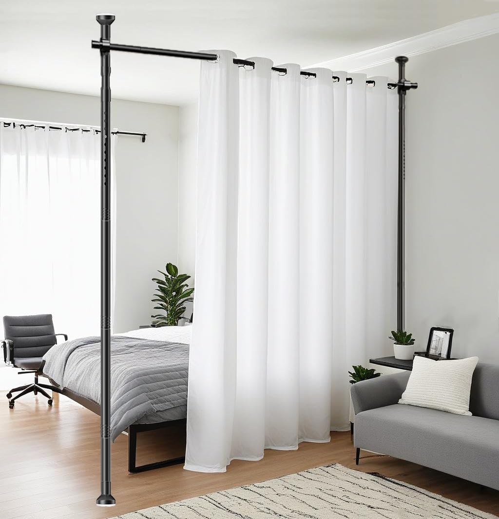 Tringle à Rideau pour Cadre de séparation de pièce 177 x 305 cm, écran réglable en flexibilité, cloison de séparation de pièce, Aucun perçage requis, pour Chambre ou Bureau (Noir)