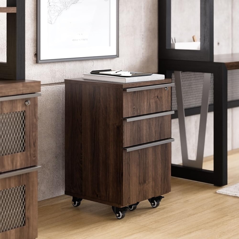 NBF District Three-Drawer Mobile Pedestal Storage - Modern Mobile Cabinet with File & Utility Drawers - Pedestal Office Filing Cabinet with Wheels (Sunlight Ash)