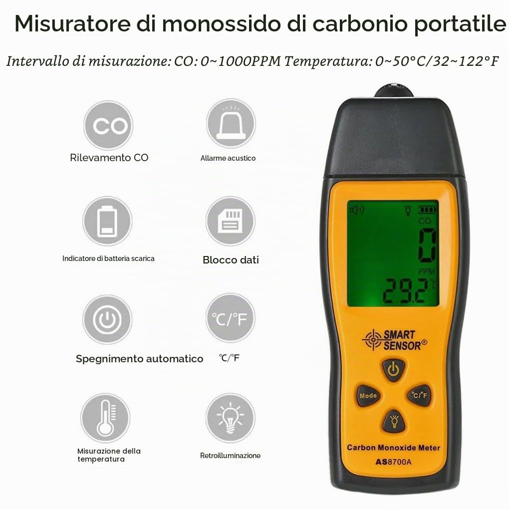 Misuratore di monossido di carbonio AS8700A, sensore intelligente, misuratore di CO, 1000 ppm, analizzatore di CO, rilevatore di monossido di carbonio, rilevatore digitale di perdite di CO
