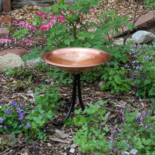 14" Hammered Solid Copper Birdbath & Tripod Stand