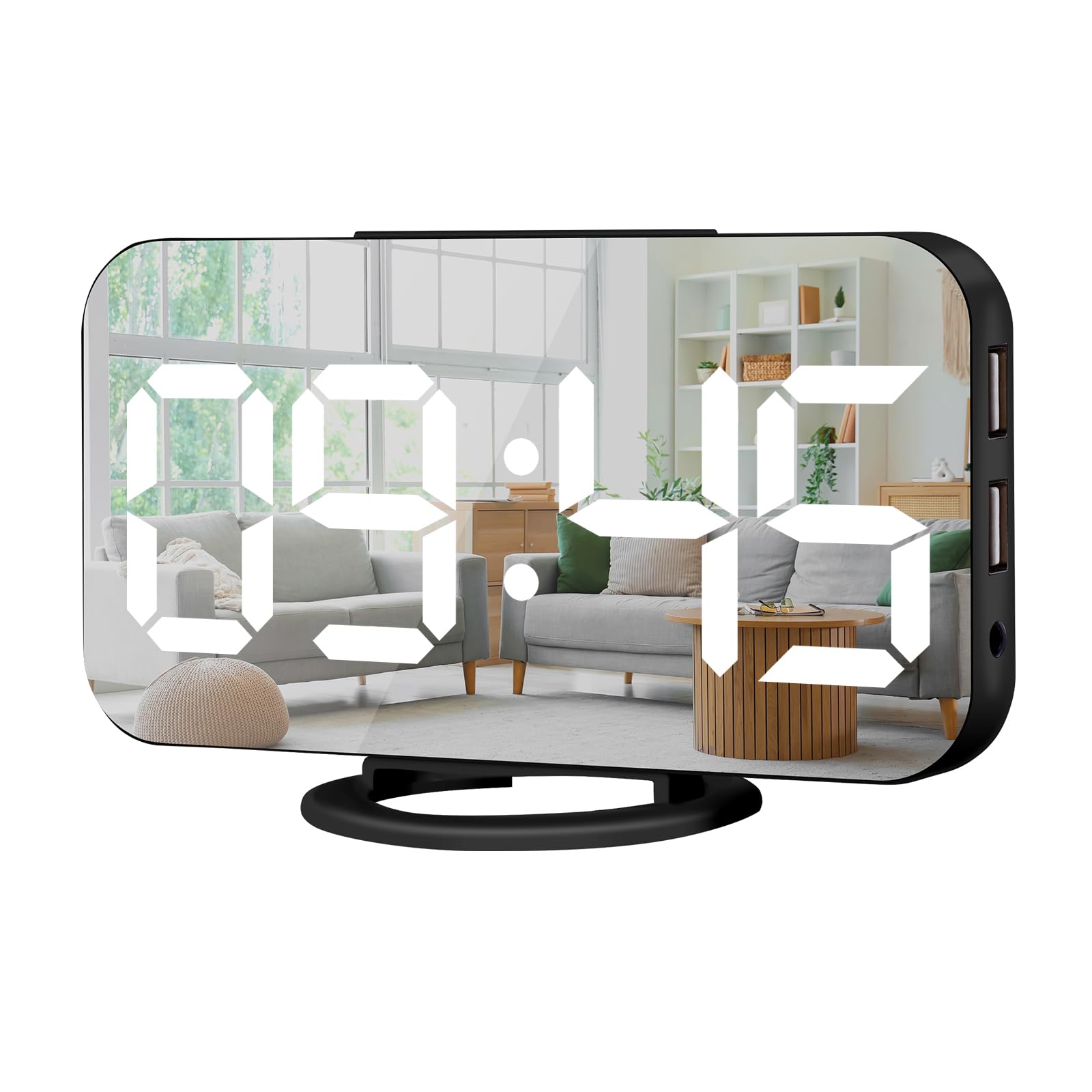 Digital Alarm Clock,Large Display LED and Mirror Desk Clock with Dual USB Charger Ports, 3 Levels Brightness,12/24H Alarm Clocks, Modern Electronic Clock for Bedroom Living Room Office-Black