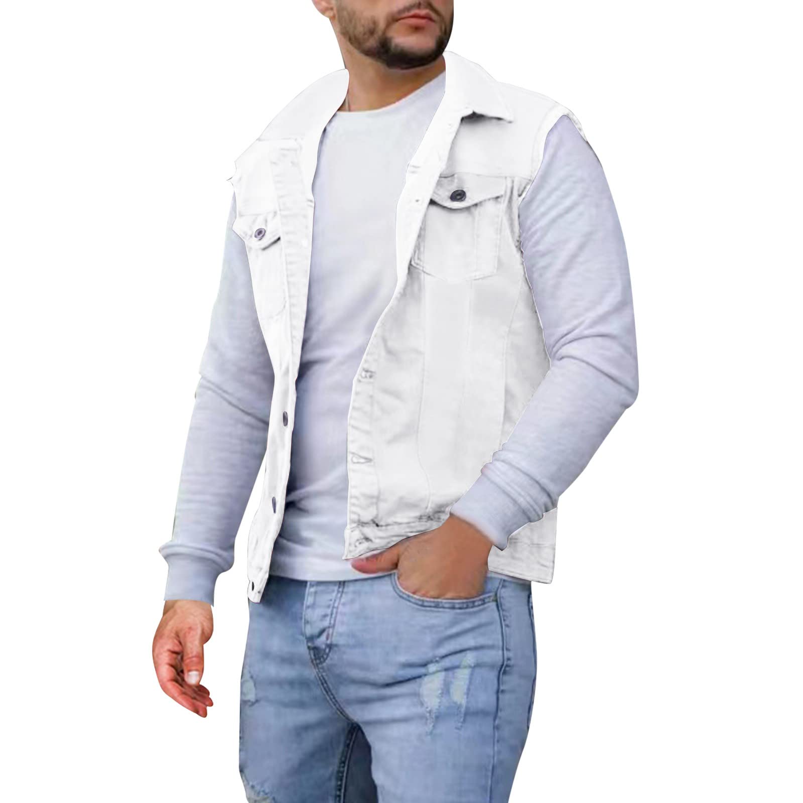 Men's Spring Fashion Casual High Street Plain Buckle Slim Denim Jacket Vest Vest, White, XXL
