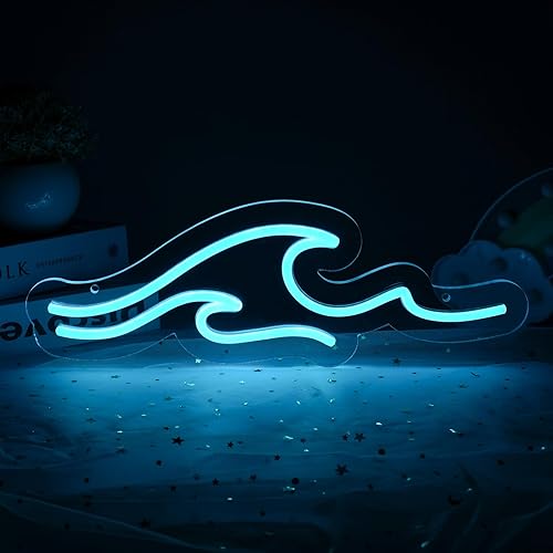 Miniatura 6 de MissAudrey Letreros de neón ondulados con temporizador de ciclo, atenuador de luz azul hielo con ondas LED para decoración de pared de niños,