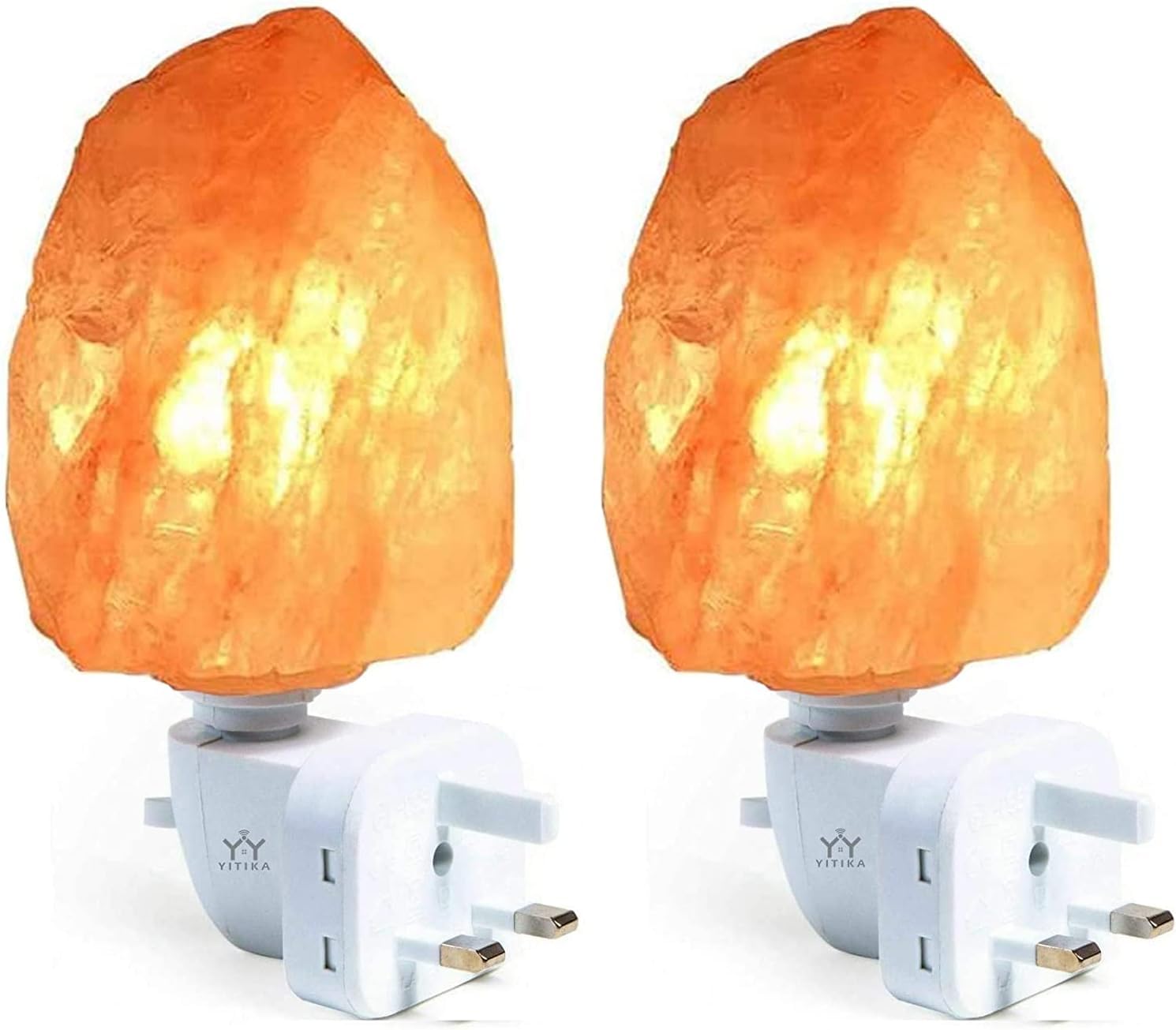 Paquete de 2 lámparas de sal natural del Himalaya, lámpara de luz nocturna de sal de cristal, luz nocturna naranja cálida, enchufe de pared natural y único para purificación de aire