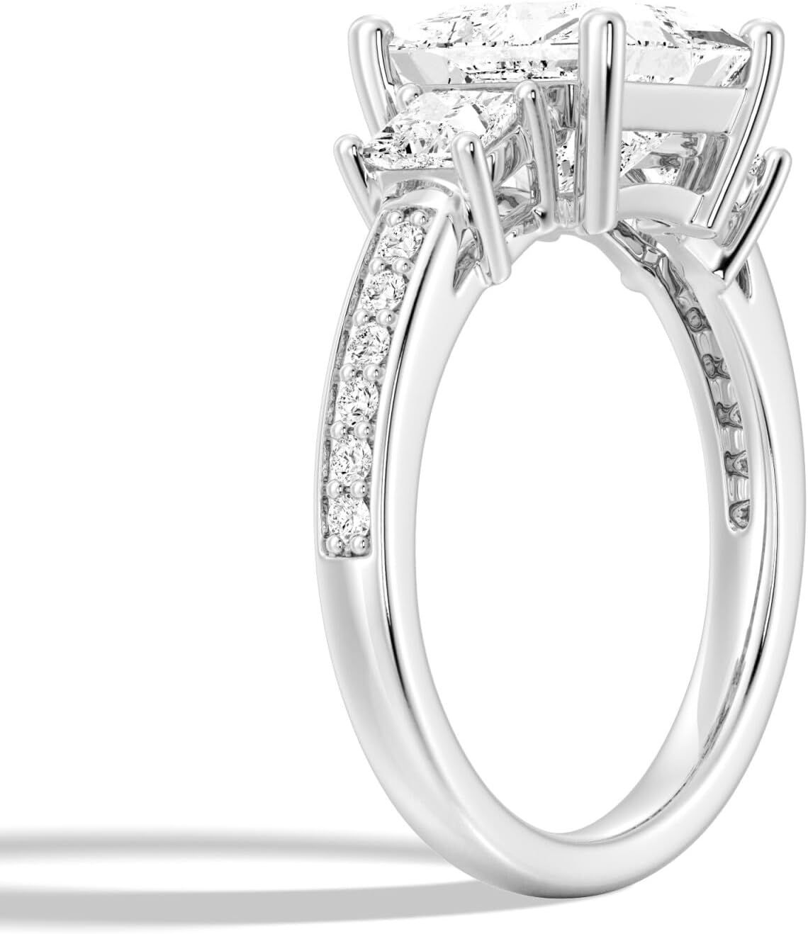 MSBLUE® Three Princess Cut Moissanite Engagement Ring with Pave, 14K Gold Vermeil, Rhodium Finish - Image 3